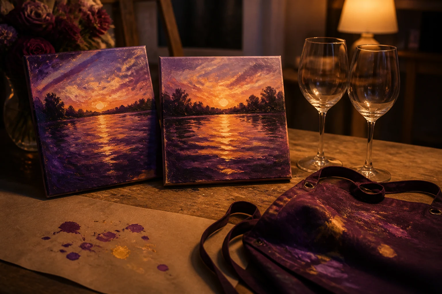 Two finished sunset paintings from a paint and sip date night