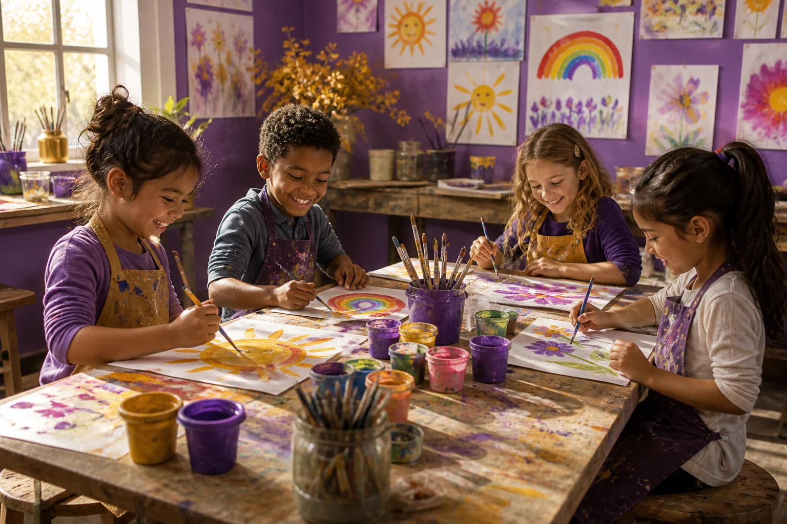 Kids painting suns, rainbows, and flowers in the Artist People studio