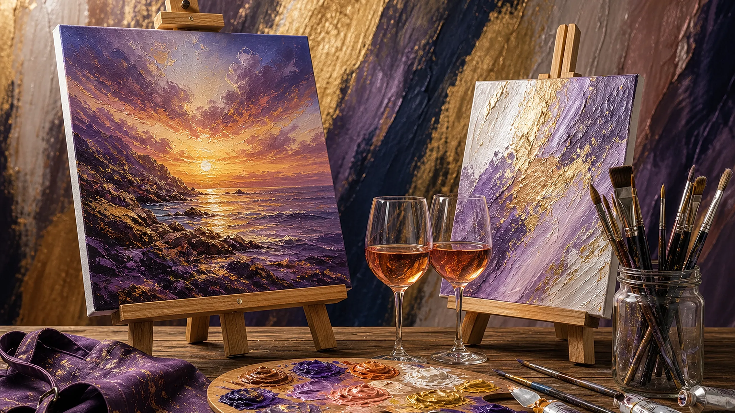 Paint and sip still life with canvases and wine glasses
